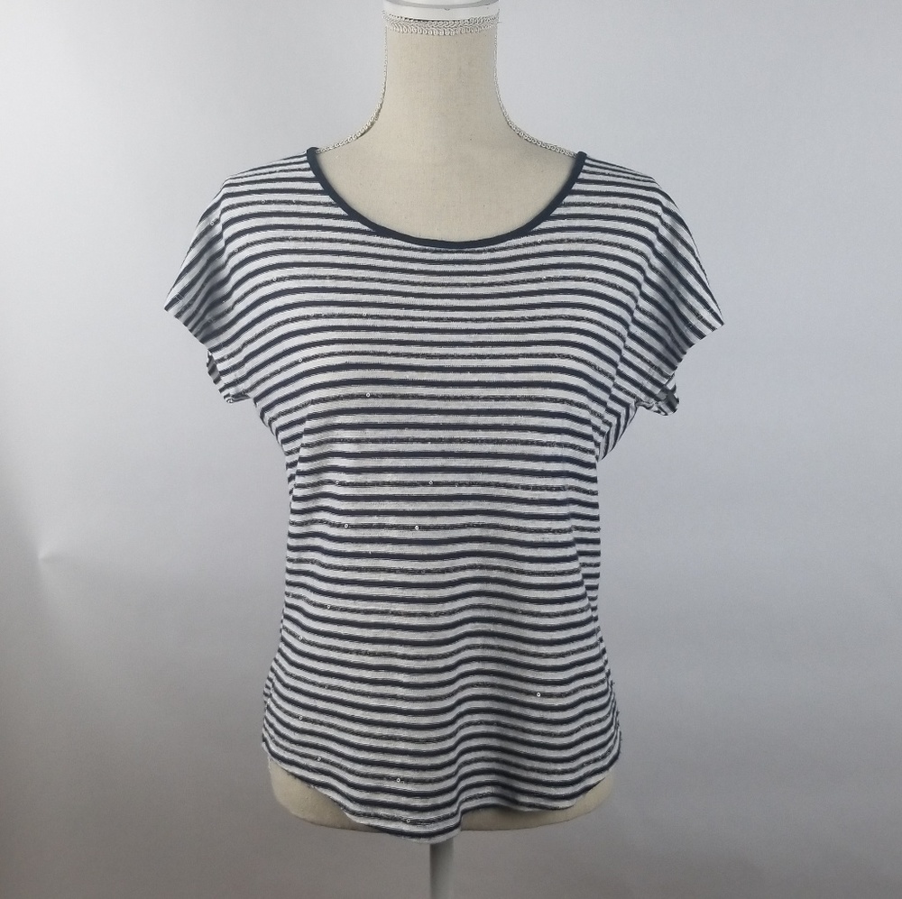 Talbots Blk/Wht Stripe w Sequins Short Slvs Sz SP